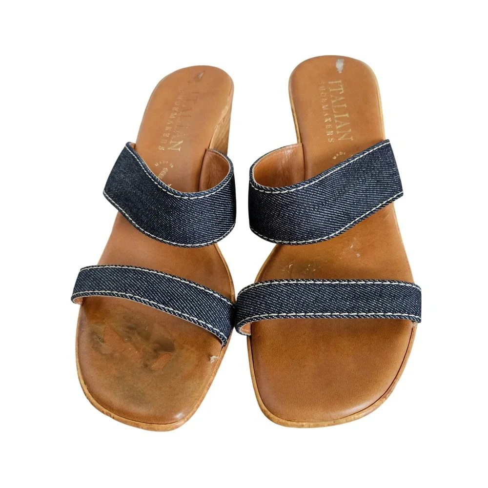 Italian Shoemakers Womens 10 Denim Double Strap Wedge Sandals Made in Italy Blue
